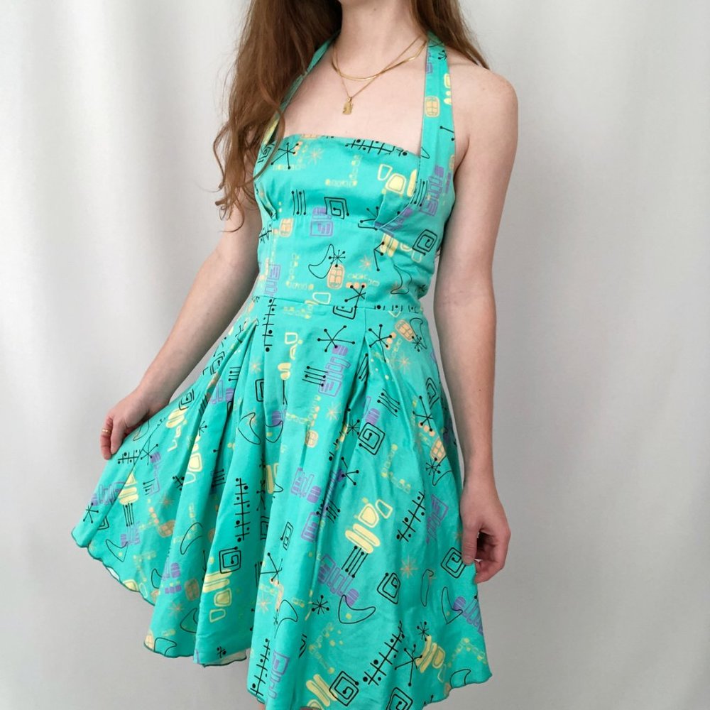 Vintage MCM Pin-Up Novelty Jetsons Space Geometric Print Mini Summer Dress USA - Picture 9 of 9